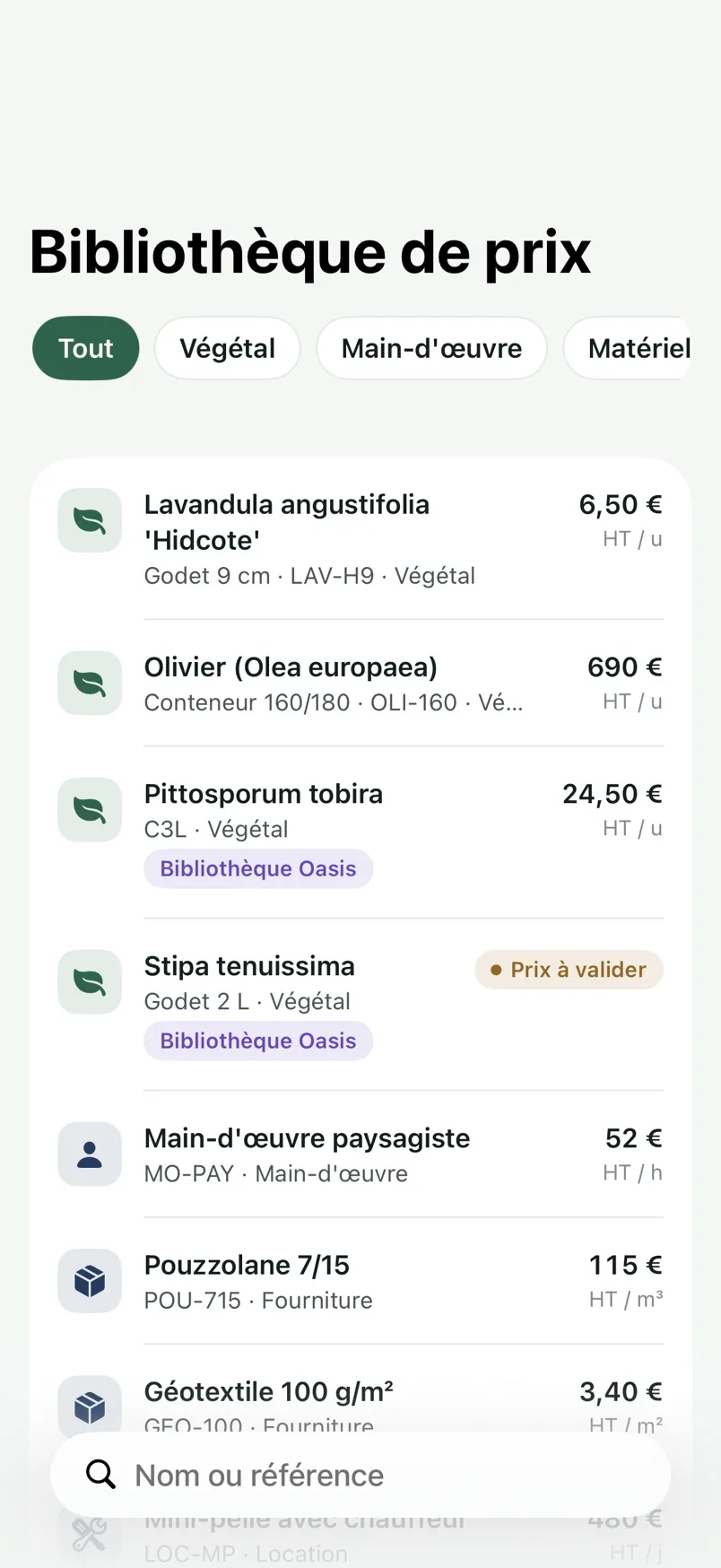 La bibliothèque de prix d'une entreprise dans l'application iPhone Oasis Care Pro.
