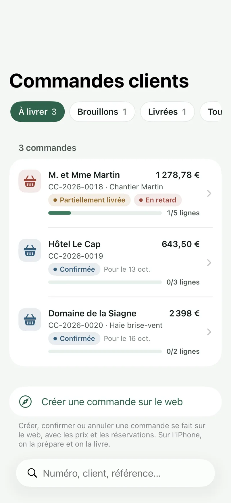 Les commandes clients de la pépinière dans l'application iPhone.