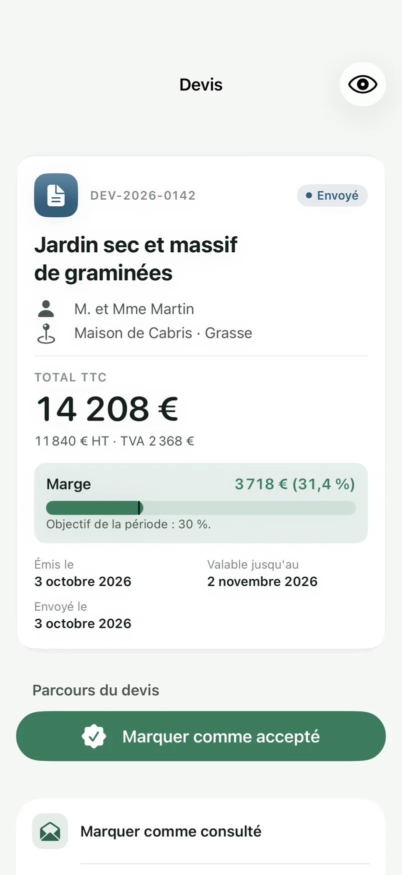 Un devis envoyé, consulté dans l'application iPhone Oasis Care Pro.