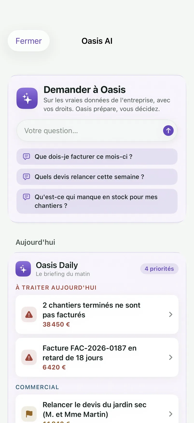 Oasis AI dans l'application iPhone Oasis Care Pro : le briefing et les questions.
