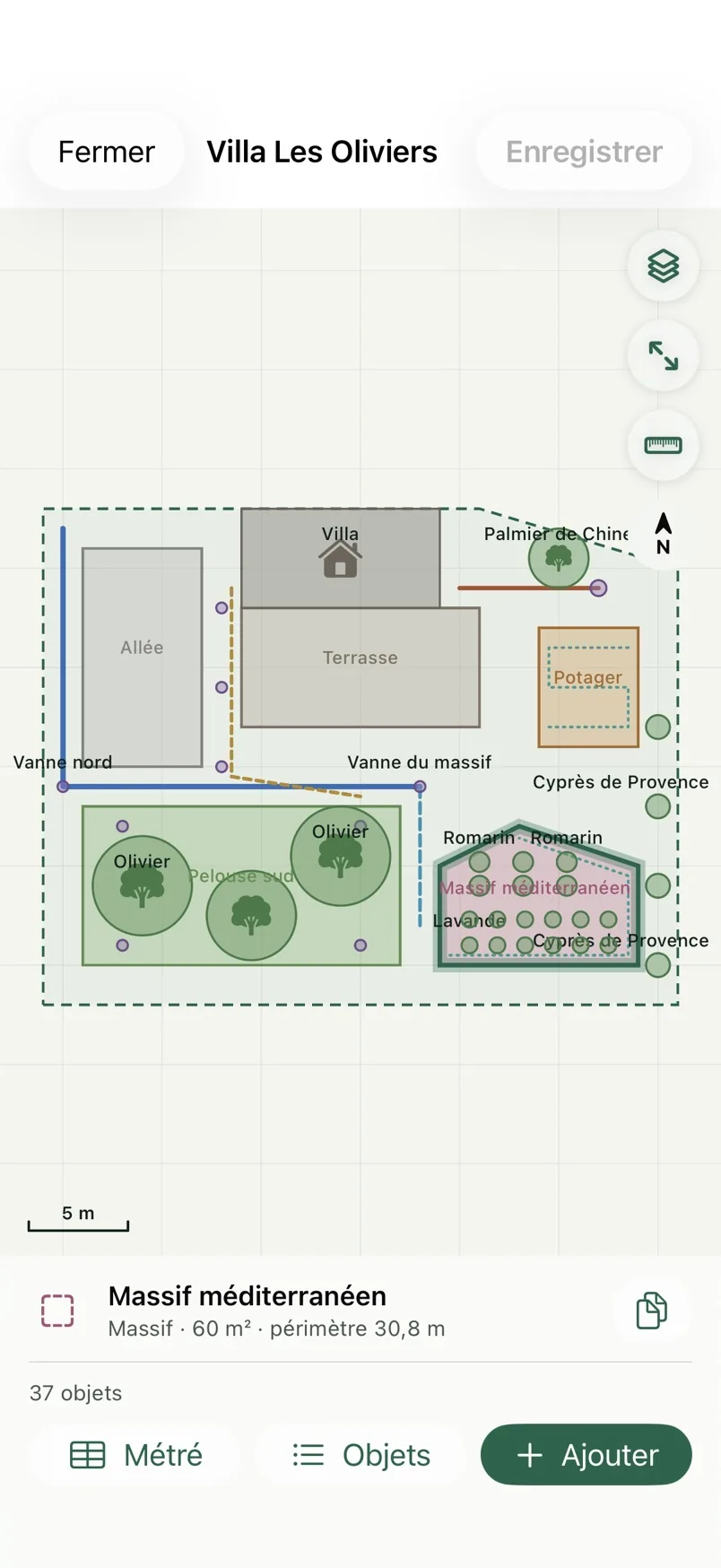Le plan d'un jardin client sur iPhone, une zone sélectionnée.