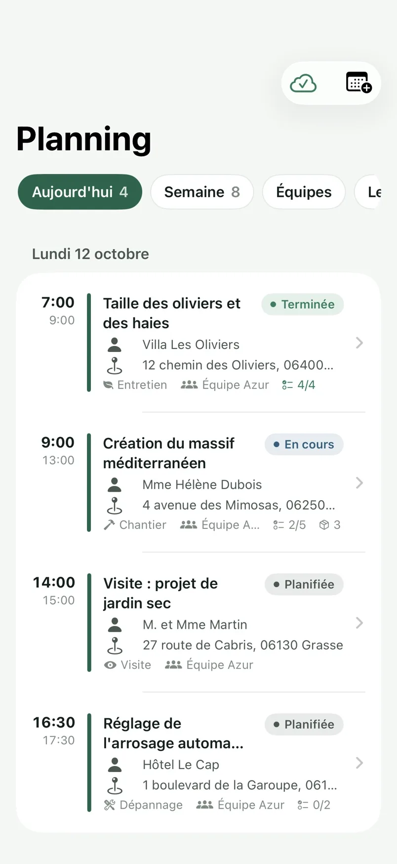 Le planning du jour dans l'application iPhone Oasis Care Pro.