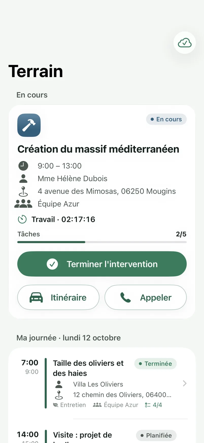 Une intervention en cours sur iPhone, avec son chronomètre et ses tâches.