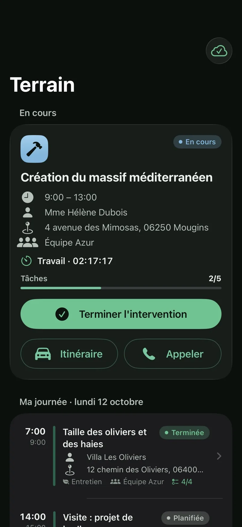 Une intervention en cours dans l'application iPhone Oasis Care Pro, en mode sombre.