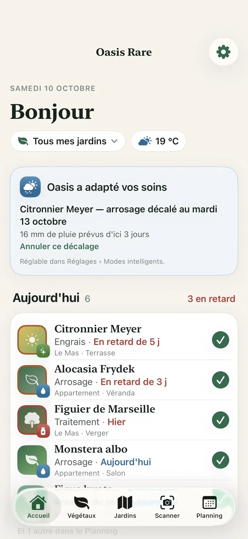 Oasis Rare sur iPhone : l'accueil avec les soins du jour et la météo du jardin.