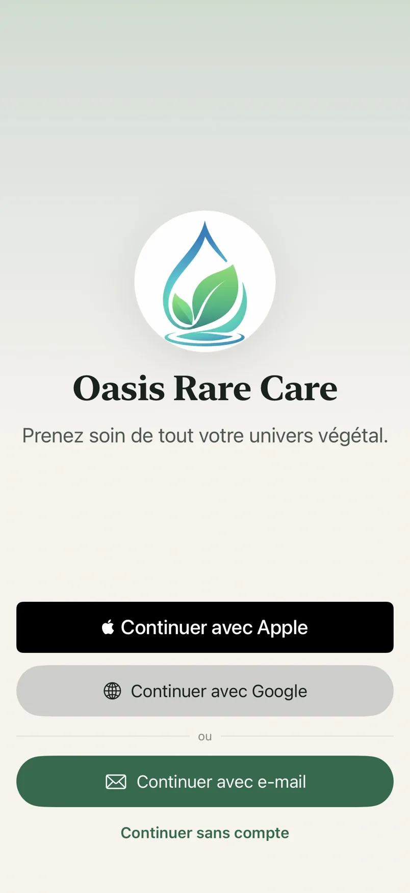 L'écran d'accueil d'Oasis Rare Care : continuer avec Apple, Google, une adresse e-mail ou sans compte.