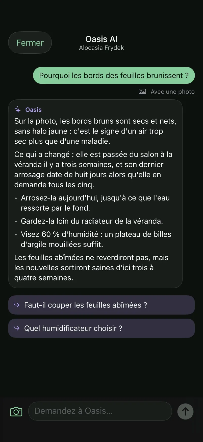 Une réponse d'Oasis AI sur une plante, en mode sombre.
