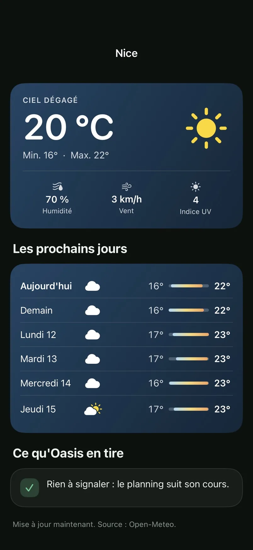 La météo du jardin en mode sombre.
