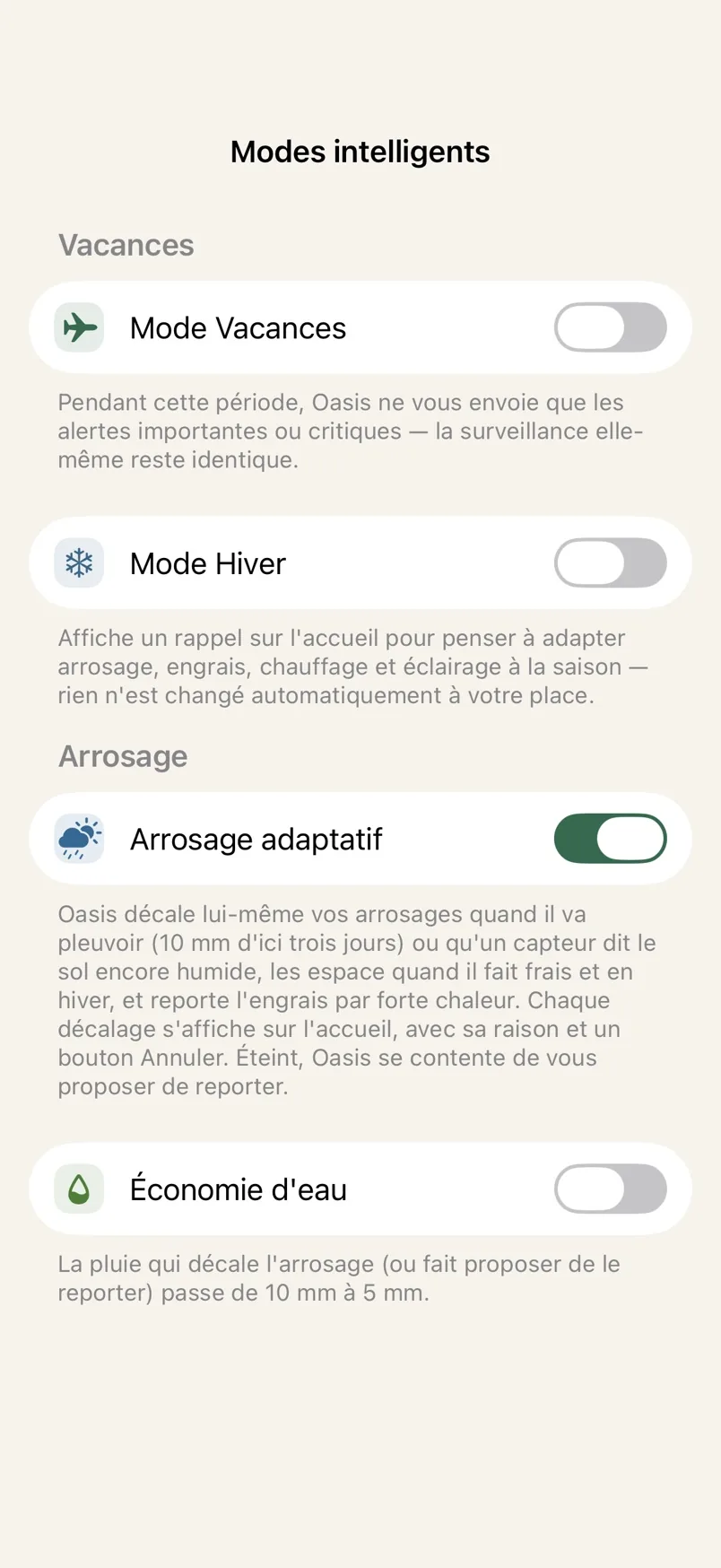 Les modes intelligents d'Oasis Rare : vacances, hiver, arrosage adaptatif, économie d'eau.