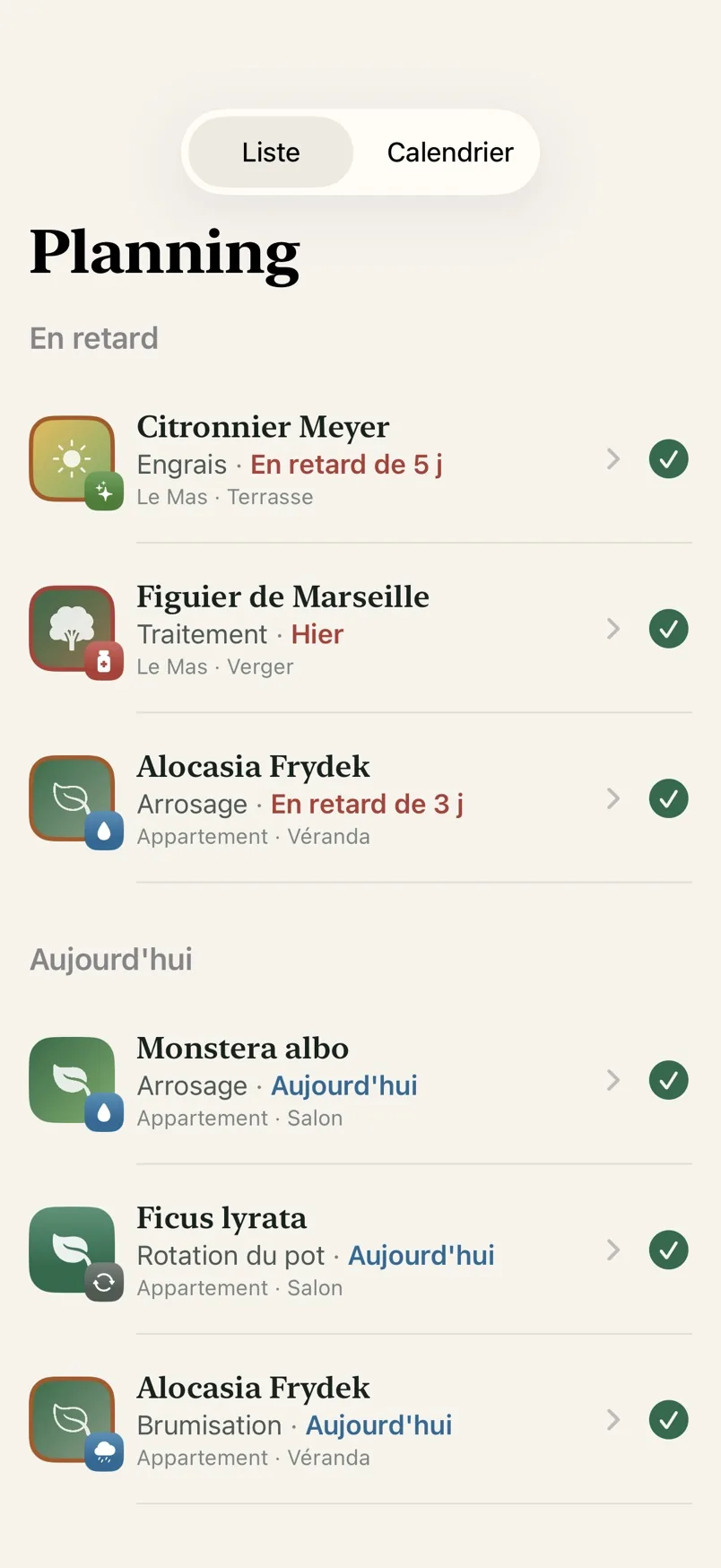 Le planning d'Oasis Rare : les soins en retard et ceux du jour.