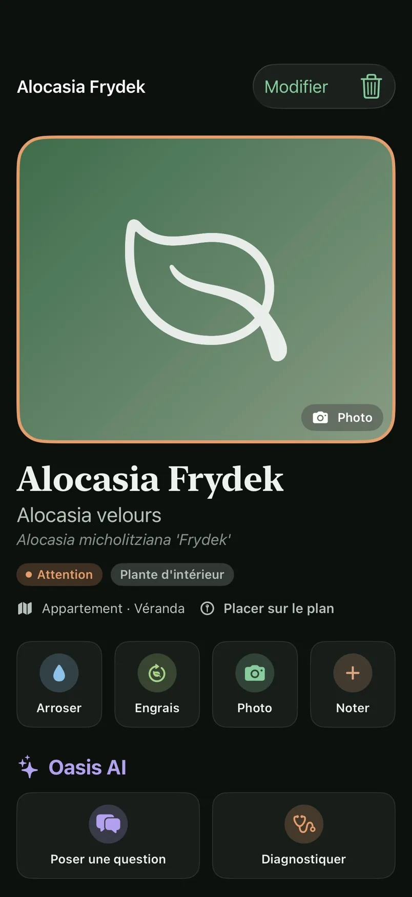 La fiche d'une plante dans Oasis Rare, en mode sombre.