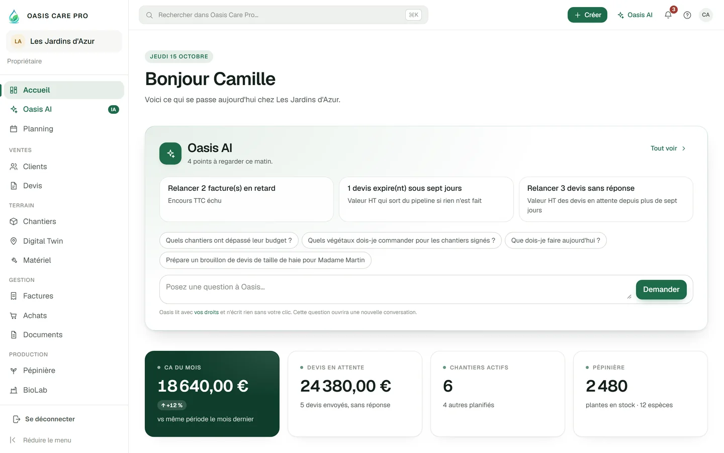La Web App Oasis Care Pro : l'accueil avec le briefing d'Oasis AI et les indicateurs du mois.