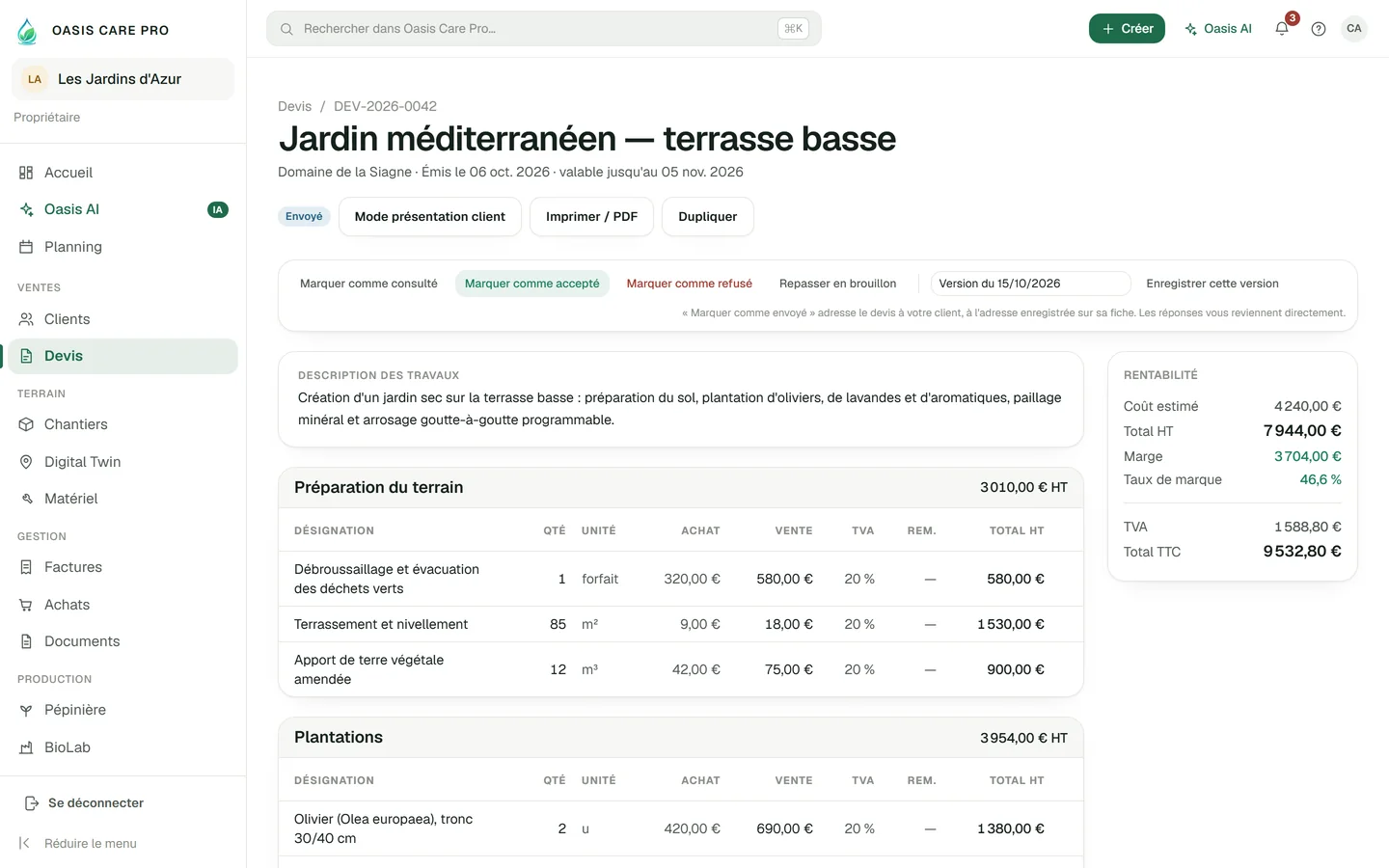 Un devis en cours dans la Web App, avec ses postes, ses lignes et sa rentabilité.