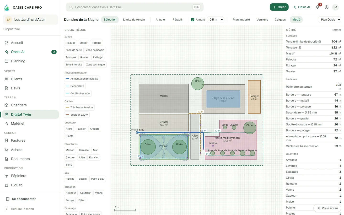 Le Digital Twin d'un jardin client dans la Web App, avec le métré automatique.